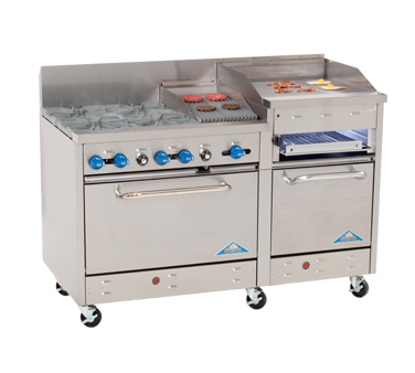 Comstock-Castle F3226-1.5RB-30B 60" Gas Restaurant Range, 2 Open Burners, 18" Radiant Broiler, 30" Charbroiler, 2 Standard Ovens, Stainless Steel Front, 198,000 BTU - Donut-Equipment.com