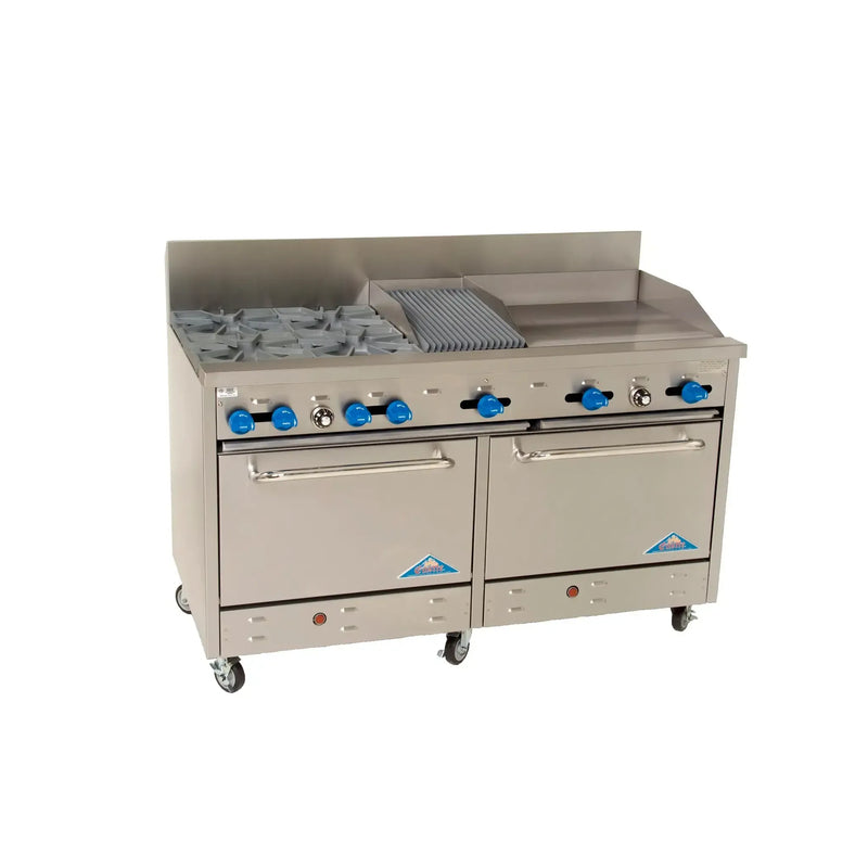 Comstock-Castle F3226-1RB-24B 60" Gas Restaurant Range, 4 Open Burners, 24" Radiant Broiler, 2 Standard Ovens, Stainless Steel Front, 211,000 BTU - Donut-Equipment.com