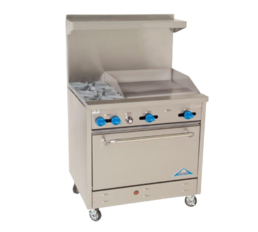 Comstock-Castle F330-24 36" Gas Restaurant Range, 2 Open Burners, 24" Manual Griddle, Single Standard Oven, Stainless Steel Front, 132,000 BTU - Donut-Equipment.com