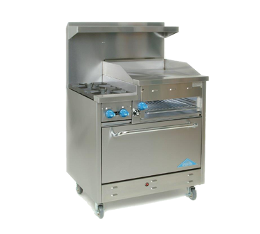 Comstock-Castle F330-24B 36" Gas Restaurant Range, 2 Open Burners, 24" Charbroiler, Single Standard Oven, Stainless Steel Front, 108,000 BTU - Donut-Equipment.com