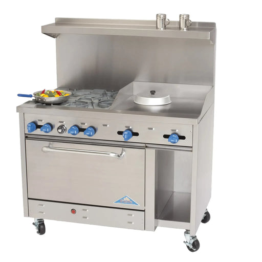 Comstock-Castle F3430-12B 48" Gas Restaurant Range, 6 Open Burners, 12" Charbroiler, Single Standard Oven, Stainless Steel Front, 214,000 BTU - Donut-Equipment.com