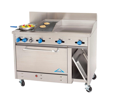 Comstock-Castle F3430-18-1.5RB 48" Gas Restaurant Range, 2 Open Burners, 18" Griddle, 18" Charbroiler, Single Standard Oven, Cabinet Base, Stainless Steel Front, 160,000 BTU - Donut-Equipment.com