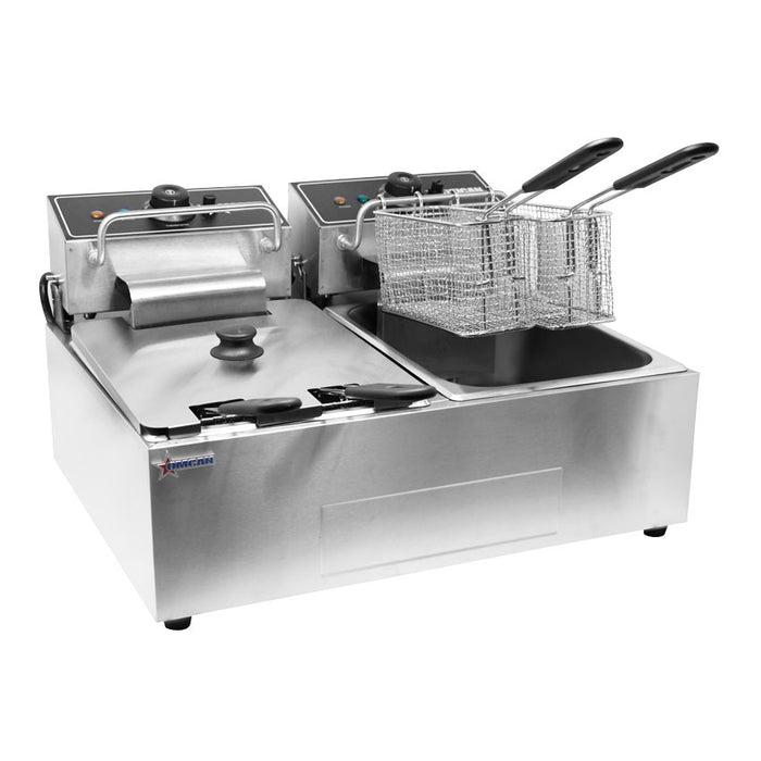 Omcan 12 lb x 2 Double Tank Countertop Electric Fryer – 5000W, 220V Commercial Dual Tank Deep Fryer for Restaurants, Concession Stands & Foodservice Kitchens