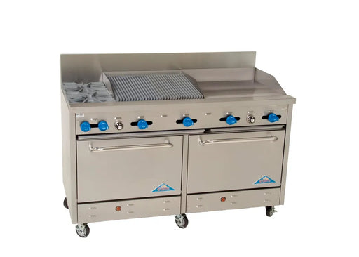 Comstock-Castle F3226-24-2RB 60" Gas Restaurant Range, 2 Open Burners, 24" Griddle, 24" Radiant Broiler, 2 Standard Ovens, Stainless Steel Front, 198,000 BTU - Donut-Equipment.com
