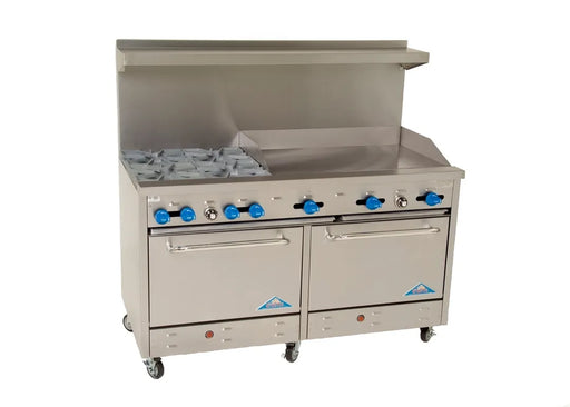 Comstock-Castle F3226-36 60" Gas Restaurant Range, 4 Open Burners, 36" Griddle, 2 Standard Ovens, Stainless Steel Front, 240,000 BTU - Donut-Equipment.com