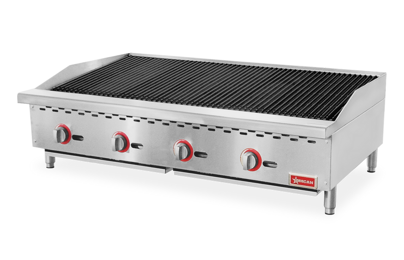 Omcan 48" Countertop Radiant Gas Charbroiler – 140,000 BTU Commercial Charbroiler with 4 Burners and Heavy-Duty Cast Iron Grates - Donut-Equipment.com