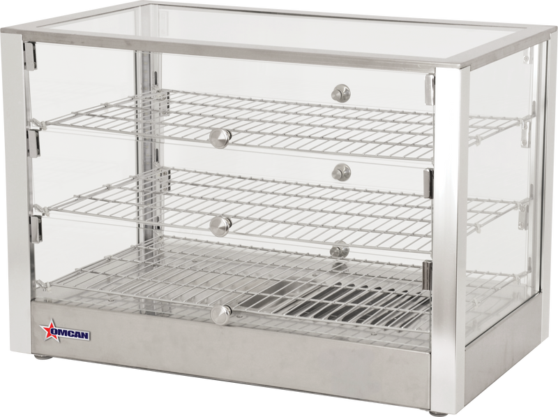 Omcan 28″ Countertop Display Warmer with Square Glass Front – 4 Cu. Ft. (115L), 3-Shelf, 3-Door Self/Full-Service Heated Merchandiser Display Case