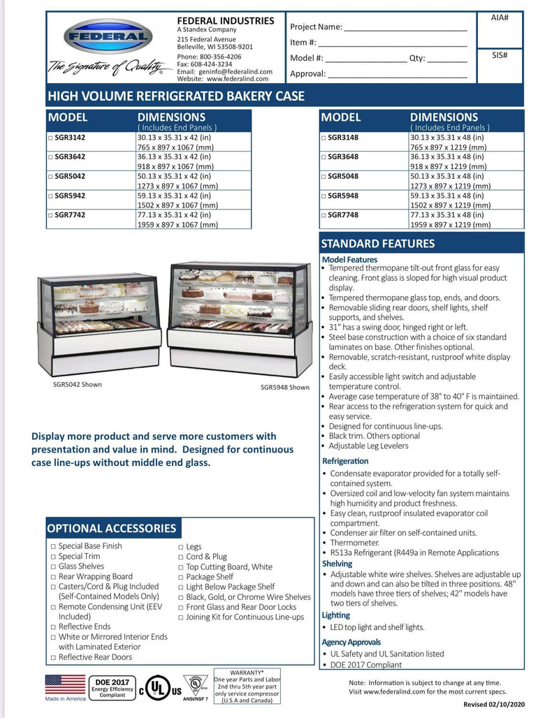 Federal SGR3642 Refrigerated High Volume Series Display Case 36" x 35.31" x 42" - Donut-Equipment.com