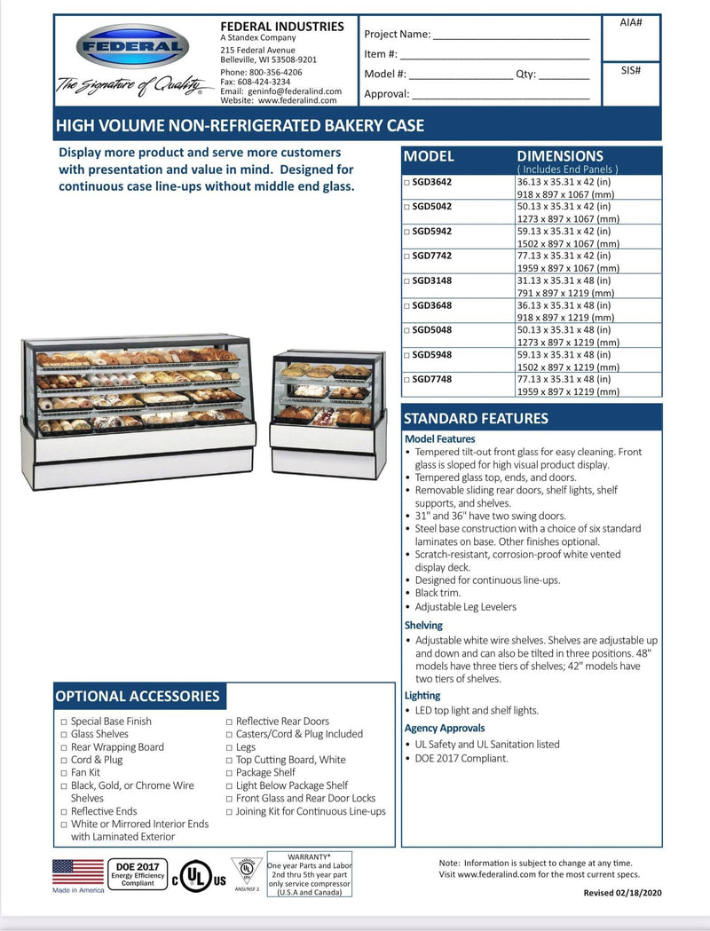 Federal SGD5048 Dry High Volume Series Display Case 50" x 35.31" x 48" - Donut-Equipment.com