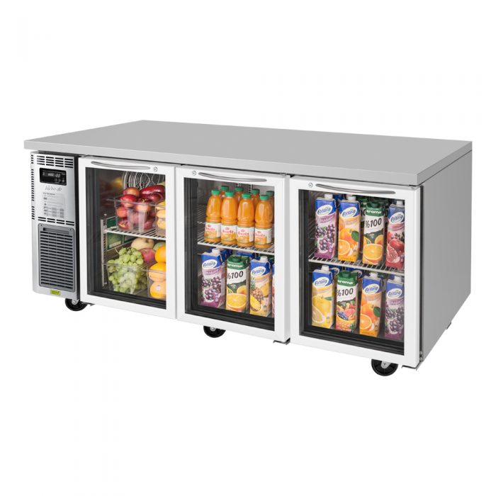 Turbo Air JUR-72-G-N J Series 72" Glass Door Undercounter Refrigerator w/ 3 Sections & Side Mounted Compressor - Donut-Equipment.com