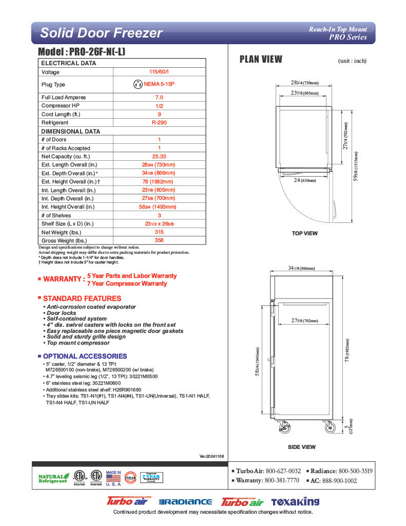 Turbo Air PRO-26F-N 29" Premiere Pro Series Solid Door Reach in Freezer - Donut-Equipment.com