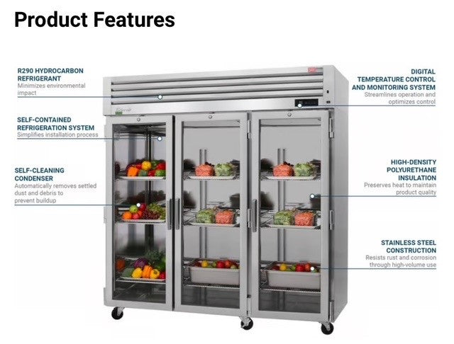 Turbo Air PRO-77R-G-N, 77 3/4" Three Section Reach In Refrigerator, (3) Left/Right Hinge Glass Doors, 115v - Donut-Equipment.com