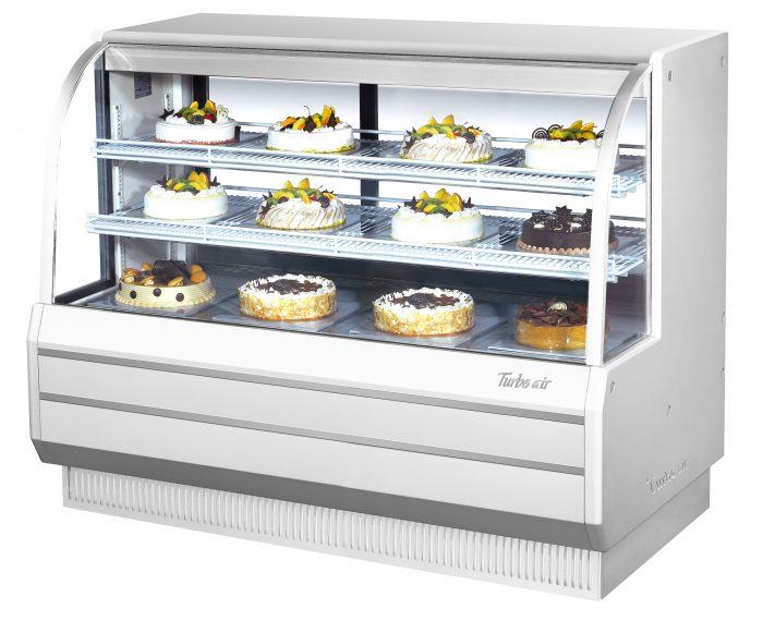 Turbo Air TCGB-60-W-N 60-1/2" Curved Glass Full-Service Refrigerated Bakery Display Case, 3 Levels, White Exterior, 115v - Donut-Equipment.com