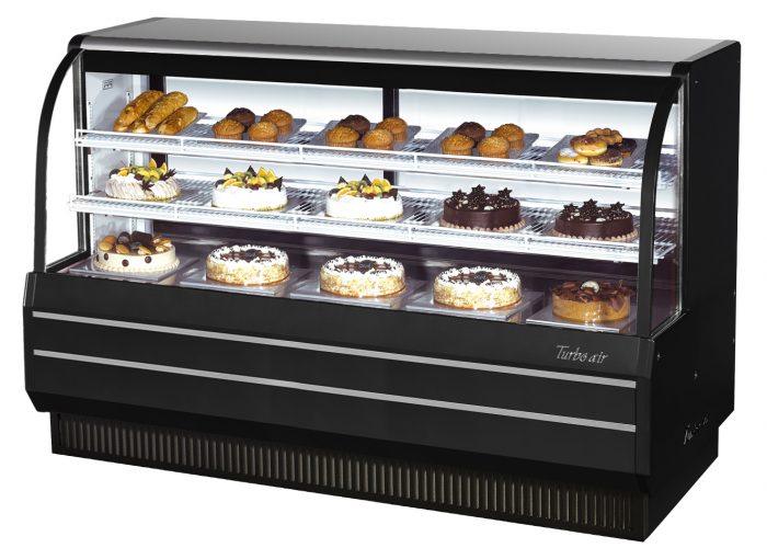 Turbo Air TCGB-72-B-N 72-1/2" Curved Glass Full-Service Refrigerated Bakery Display Case, 3 Levels, Black Exterior, 115v - Donut-Equipment.com