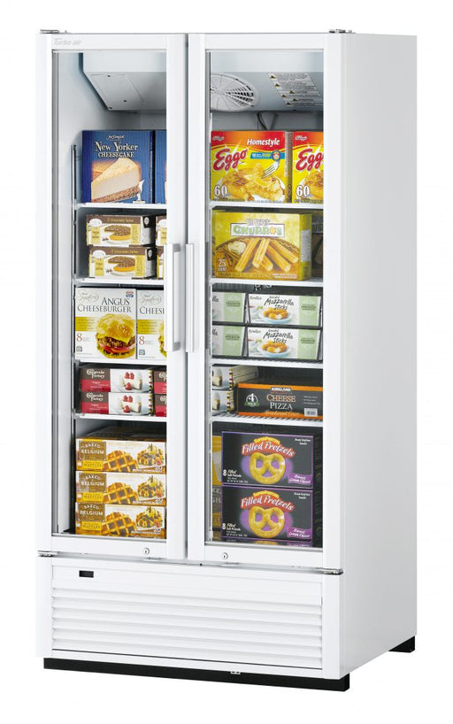 Turbo Air TGF-35SDH-N 39 1/2" White Super Deluxe Two Section Display Freezer w/ Swing Doors – Bottom Mount Compressor, LED Lighting, 115v - Donut-Equipment.com