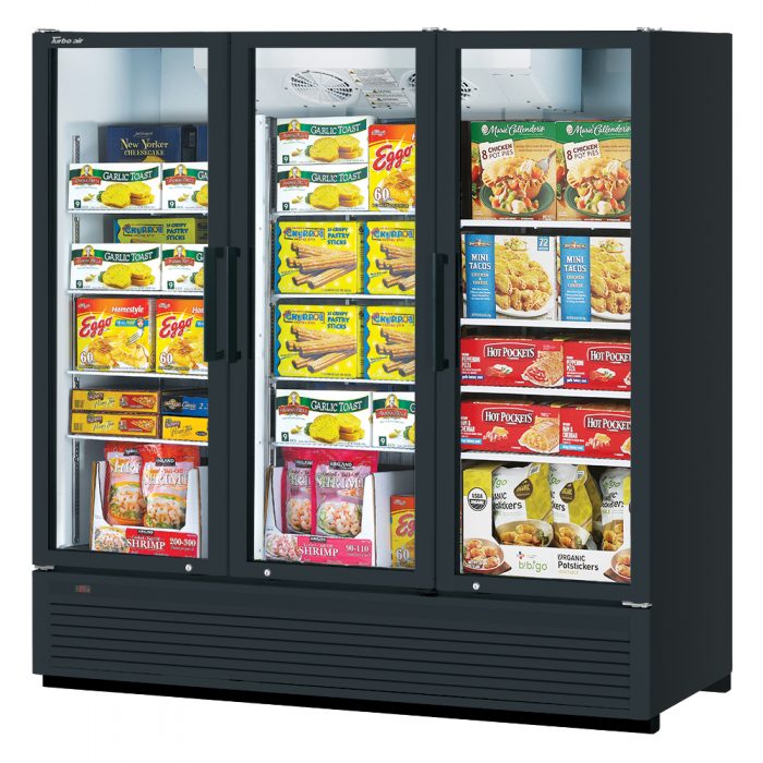 Turbo Air TGF-72SDHB-N 78" Black Super Deluxe Three Section Display Freezer w/ Swing Doors – Bottom Mount Compressor, LED Lighting, 115v - Donut-Equipment.com