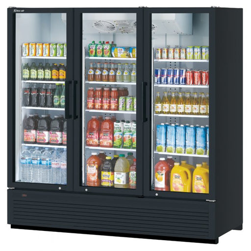 Turbo Air TGM-72SDHB-N 78" Black Super Deluxe Three Section Glass Door Merchandiser – (3) Left/Right Hinge Doors, 115v - Donut-Equipment.com