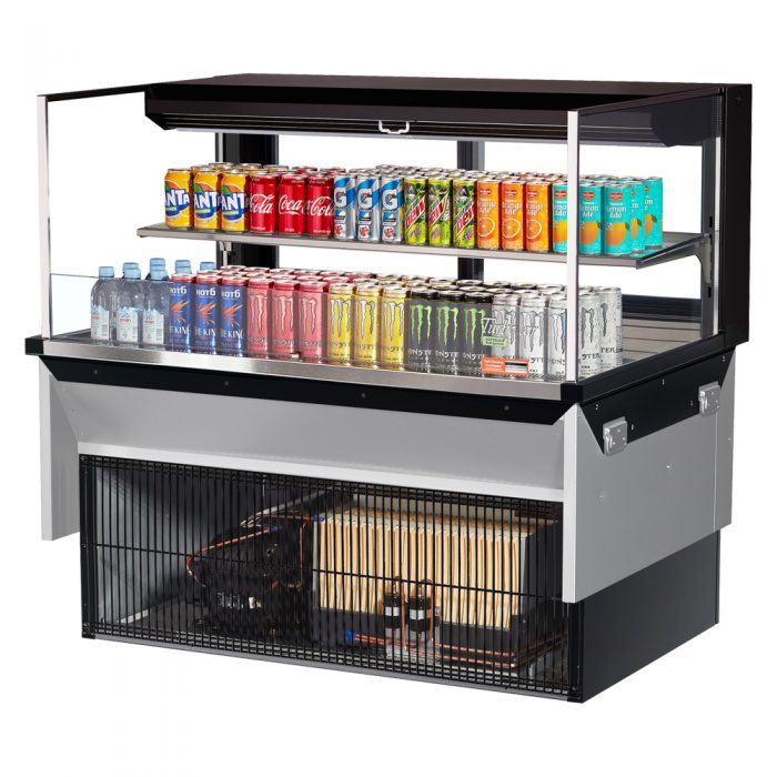 Turbo Air TOM-48L-UFD-B-2SI-N 48" Drop-In Horizontal Open Air Cooler w/ (2) Levels – Black Exterior, 115v - Donut-Equipment.com