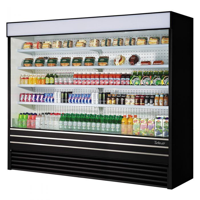 Turbo Air TOM-96EB-N 93" Black Vertical Open Air Cooler w/ (5) Levels, 220v/1ph - Donut-Equipment.com