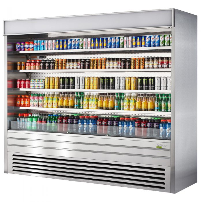 Turbo Air TOM-96ES-N 92 7/8" Stainless Steel Vertical Open Air Cooler with (5) Levels, 220v/1ph - Donut-Equipment.com