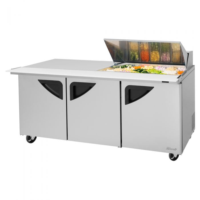 Turbo Air Super Deluxe TST-72SD-18M-N-LW 72" 3 Door Mega Top Refrigerated Sandwich Prep Table with Left Work Station - Donut-Equipment.com