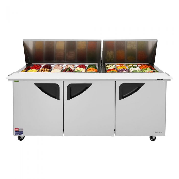 Turbo Air TST-72SD-30-N 73" Super Deluxe 3 Door Mega Top Refrigerated Sandwich Prep Table - Donut-Equipment.com