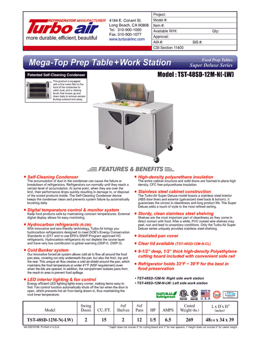 Turbo Air Super Deluxe TST-48SD-12M-N-LW 48" 2 Door Mega Top Refrigerated Sandwich Prep Table with Left Work Station - Donut-Equipment.com