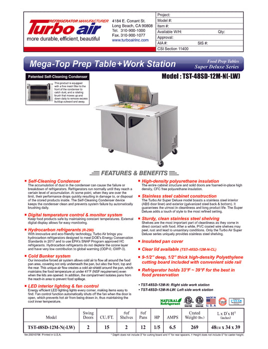 Turbo Air Super Deluxe TST-48SD-12M-N-LW 48" 2 Door Mega Top Refrigerated Sandwich Prep Table with Left Work Station - Donut-Equipment.com