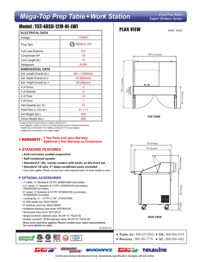Turbo Air Super Deluxe TST-48SD-12M-N-LW 48" 2 Door Mega Top Refrigerated Sandwich Prep Table with Left Work Station - Donut-Equipment.com