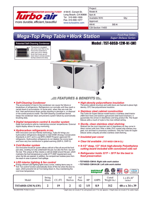 Turbo Air Super Deluxe TST-60SD-12M-N-LW 60" 2 Door Mega Top Refrigerated Sandwich Prep Table with Left Work Station - Donut-Equipment.com