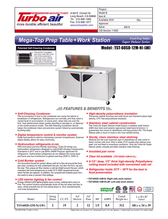 Turbo Air Super Deluxe TST-60SD-12M-N-LW 60" 2 Door Mega Top Refrigerated Sandwich Prep Table with Left Work Station - Donut-Equipment.com