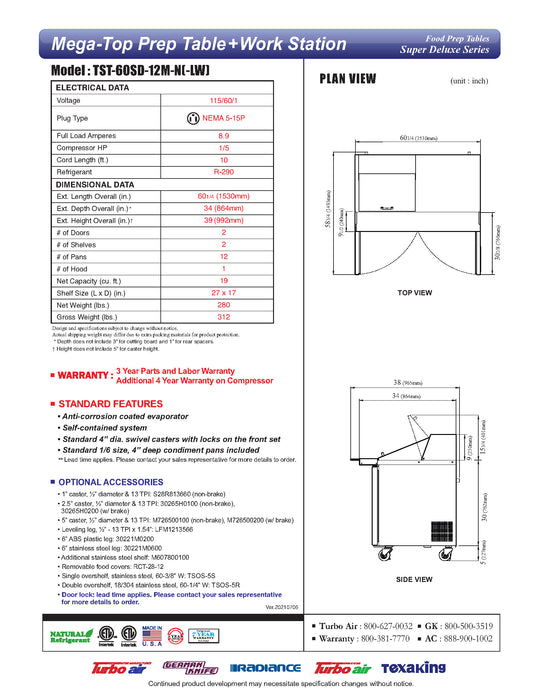 Turbo Air Super Deluxe TST-60SD-12M-N-LW 60" 2 Door Mega Top Refrigerated Sandwich Prep Table with Left Work Station - Donut-Equipment.com