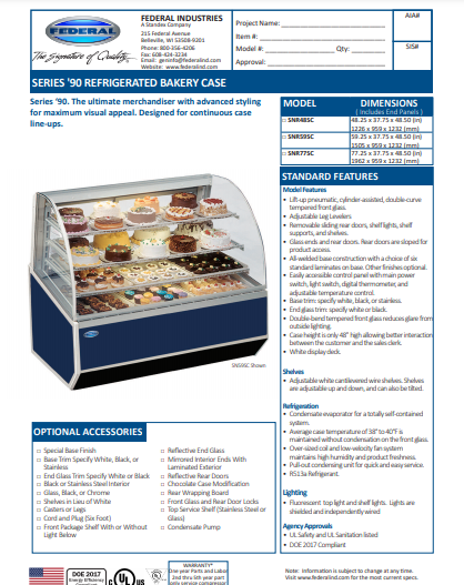 White Exterior Color Federal SNR77SC SERIES '90 Refrigerated Bakery Case 77" x 37.75" x 48"