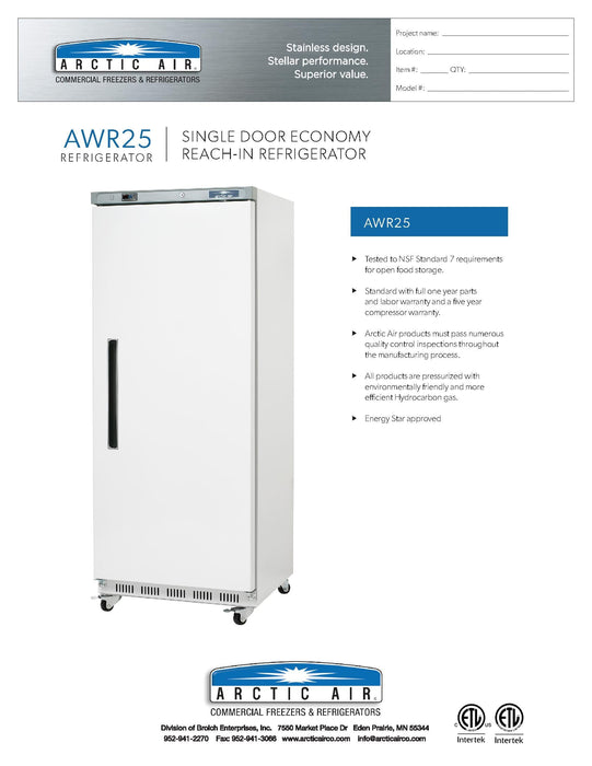 Arctic Air AWR25 White Single Door Reach In Refrigerator