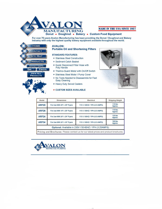 Avalon ARF26 E  (Electric Fryer) Oil/Shortening Filter 115V